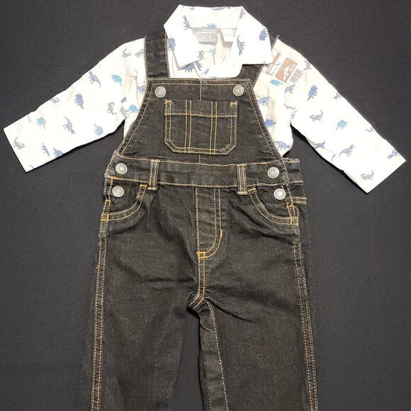 Carter's Denim Overalls 6 Months /The Children's Place Dinosaur Shirt 3-6 Months - Picture 1 of 15